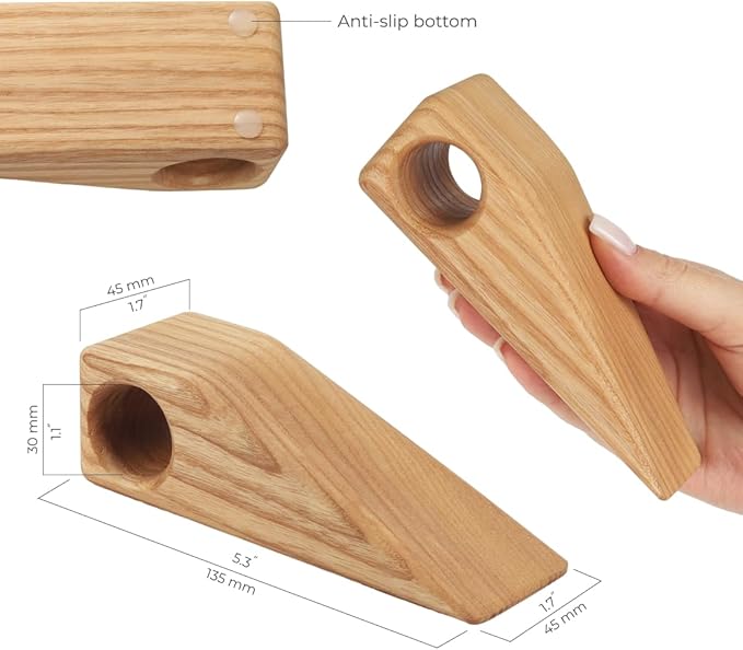 2 Pack Wooden Door Stoppers - Non-Slip Door Wedges, Triangle Wood Block with Hanging Hole for Any Floor, for Bathroom, Bedroom, Livingroom, Home and Office (Light Wood)