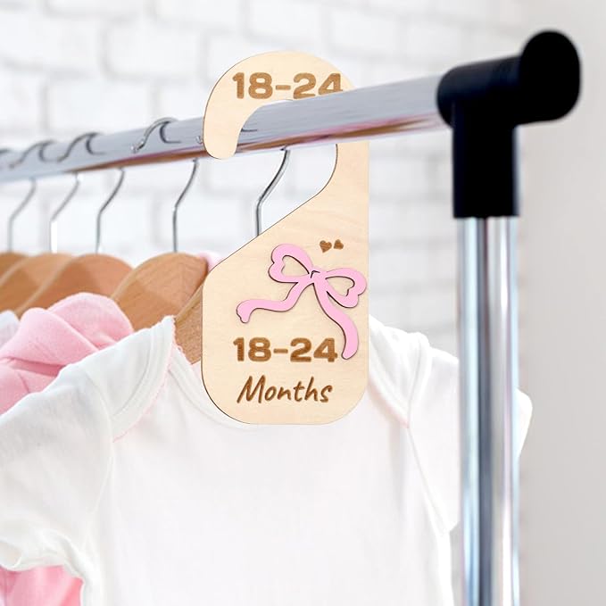 Bnesi Wooden Closet Dividers Wooden Bow Dividers for Closet Set of 7 Newborn Clothes Size Hanger Dividers from Newborn to 24 Months Pink Nursery Decor (Relaxing)