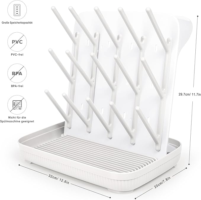 Termichy Baby Bottle Drying Rack: Large Vertical Bottle Dryer Rack Holder - Space Saving Standing Drying Rack for Baby Bottles and Pump Part Cleaning (White)