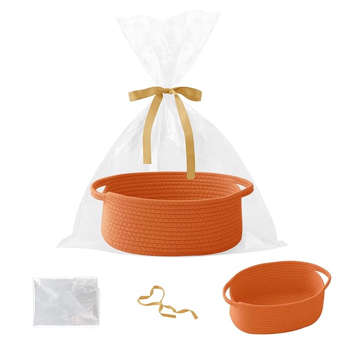 Small Woven Rope Basket-Empty Gifts Basket with Bag and Ribbons,Cute Handle Organizer Box for Birthday/Baby Shower, Toy Storage, Nursery Organizing & Shelf Decor(Orange)