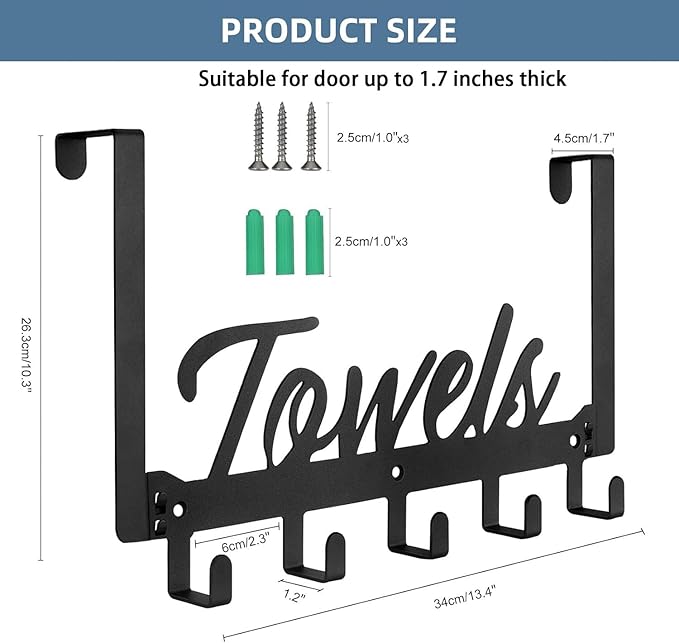 Azmoncy Over The Door Hooks, Towel Rack Towel Hooks for Bathroom, Towel Holder for Hanging Heavy Duty, Door Rack Over Door Hanger with 5 Coat Hooks for Bedroom Bathroom Kitchen, Black