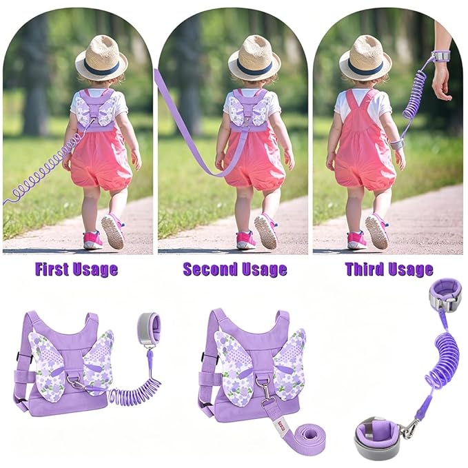 Toddlers Leash + Anti Lost Wrist Link Child Kids Safety Harness Kids Walking Wristband Assistant Strap Belt for Girl Pink Christmas Gift (Purple)