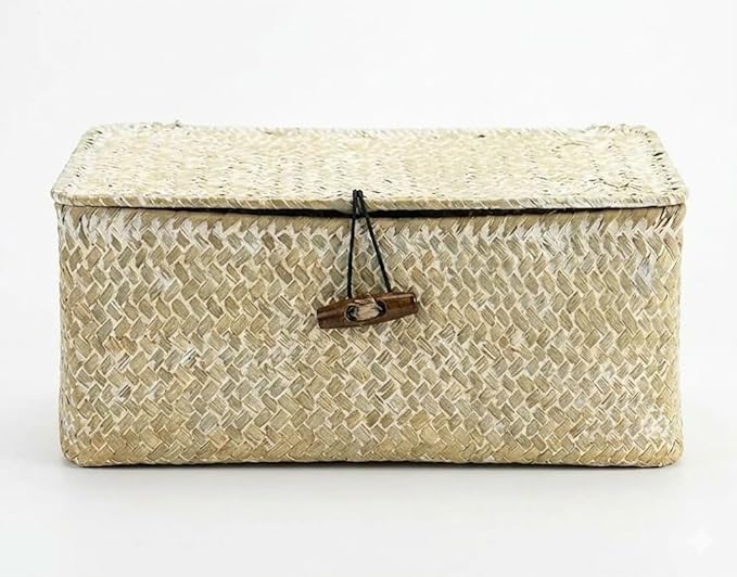 Nonam Small Basket with Lid, Natural Seagrass Bin with Lid, Shelf Baskets Multipurpose Container for Boho Decoration, Rectangular Household Storage Boxes for Home Organization-White
