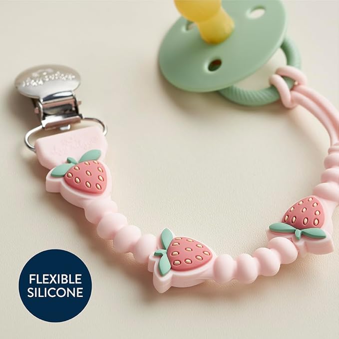 Itzy Ritzy Silicone Pacifier Clip – 100% Food Grade Silicone Pacifier Strap with Clip Keeps Pacifiers, Teethers & Small Toys in Place – Features One-Piece Design & Cord (Strawberry)