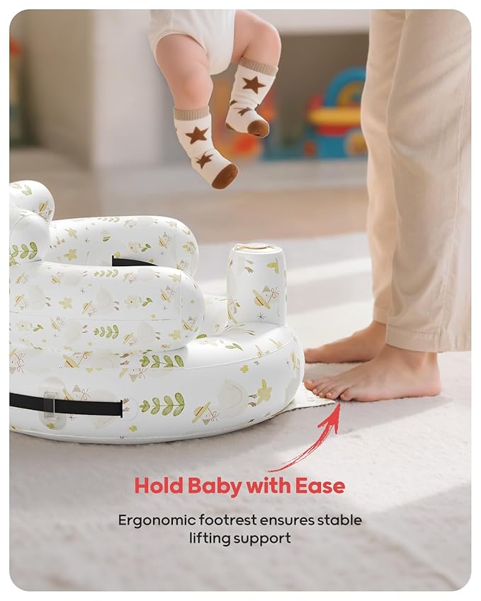 QPAU Inflatable Baby Seat with Safety Harness for Babies 3 Months & Up, Baby Floor Seats for Sitting Up, Baby Seats for Infants, Blow Up Baby Chair with Built in Air Pump (Flowers)