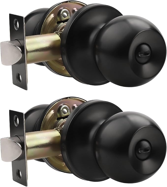 Knobonly 2 Pack Privacy Door Knobs Matte Black, Keyless Door Knobs Interior for Bedroom and Bathroom, Round Door Handles Stainless Steel, Classic Design