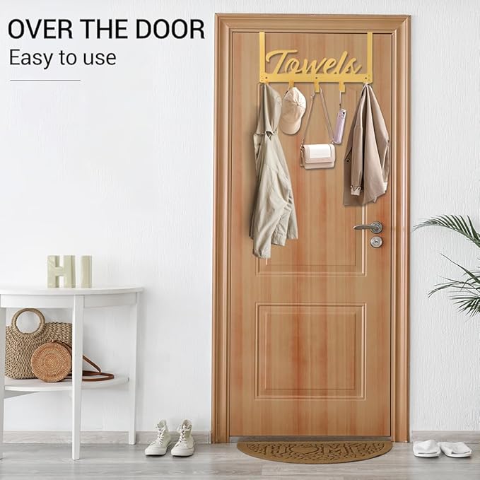 Azmoncy Over The Door Hooks, Towel Rack Towel Hooks for Bathroom, Towel Holder for Hanging Heavy Duty, Door Rack Over Door Hanger with 5 Coat Hooks for Bedroom Bathroom Kitchen（Light Gold）