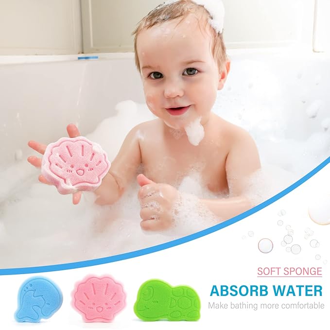 DANCELF Baby Bath Sponge, Natural Cute Shapes Soft Shower Sponges for Bathing, Bathtub Foam for Infants and Toddler, 3pcs : Blue Dolphin, Pink Shell, Green Turtle