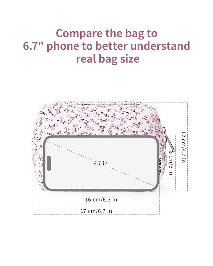 Narwey Small Cute Floral Makeup Bag for Purse Mini Cosmetic Bag Travel Makeup Pouch Zipper Pouch Cute Make up Bags with Compartments for Women Girls (Green Leaves and Flower, Small)