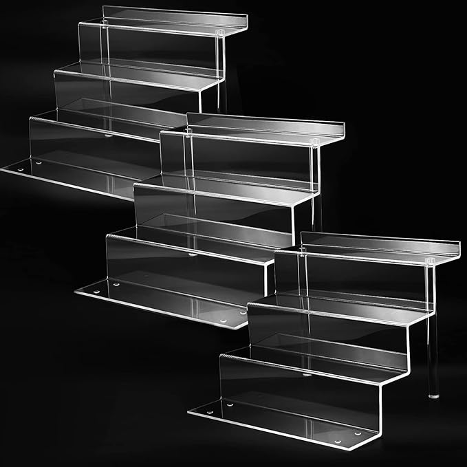 bigantss 12 Inch Acrylic Shelf for Perfume Organizer in 3 Pack, 4 Tier Funko POP Shelves, Cologne Organizer Tiered Riser Display Stand, Acrylic Display for Decoration