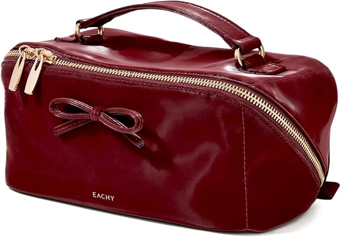EACHY Travel Makeup Bag, Large Capacity Cosmetic Bag for Women, Waterproof PU Leather, Flat Open Portable Toiletry Bag for Skincare, Brushes & Travel Essentials