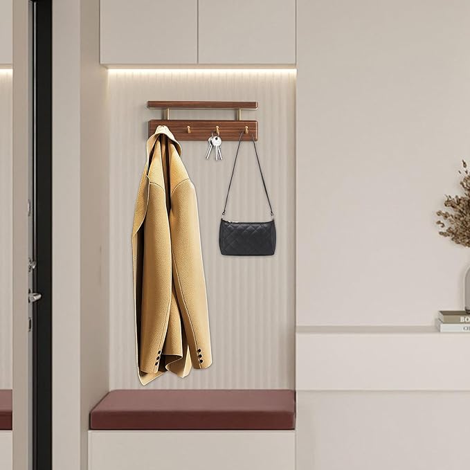 Mayhas Solid Wood Shelf with Hooks, 12 inch Coat Rack Wall Mount, Shelves with 4 Brass Hooks for Hanging in Entryway, Living Room, Bathroom, Bedroom, Kitchen(Walnut)