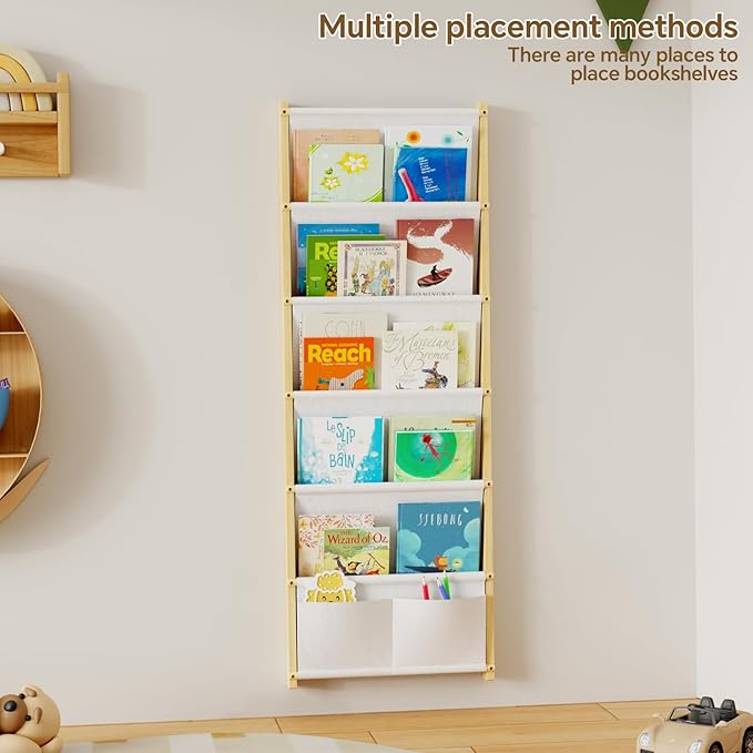 Wood 6-Tier Wall Mounted Kids Bookshelf – Floating Book Shelf For Kids Rooms,Nursery & Classroom, Hanging Bookcase Organizer For Books, Toddler Book Shelf, Montessori Bookshelf, Nursery Shelves