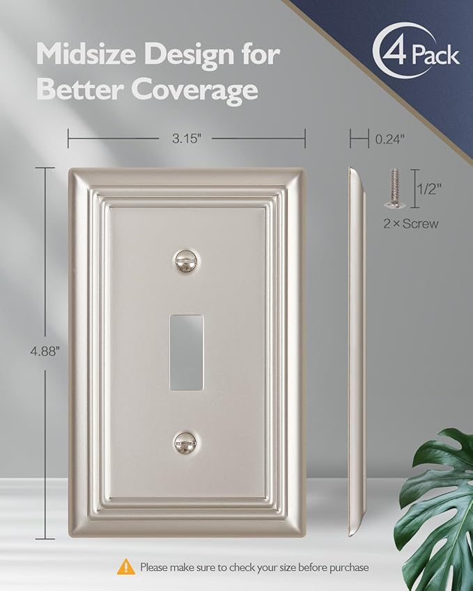 4-Pack Single Toggle Wall Plates, Satin Nickel Light Switch Covers, Decorative Metal Switch Plate Covers, 3.15''*4.88'', Midsize