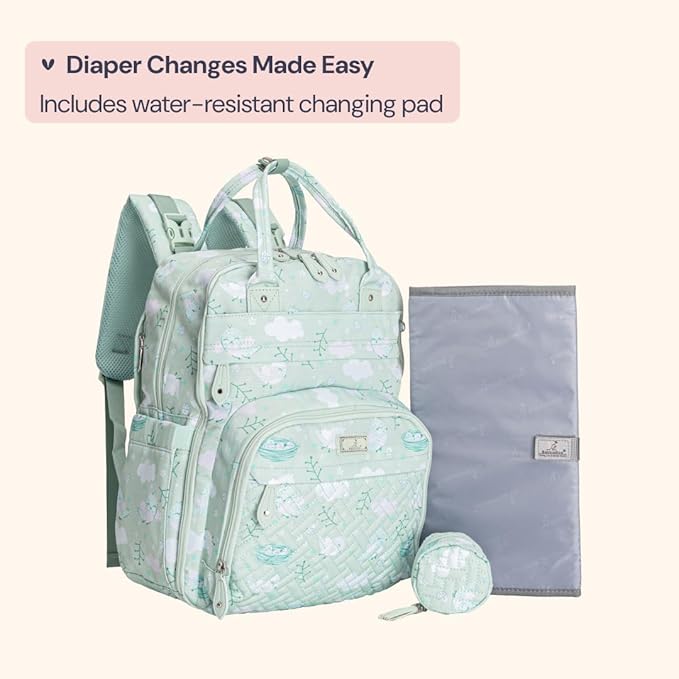 BabbleRoo Diaper Bag Backpack - Baby Essentials Travel Tote - Multi Function Water Resistant Diaper Bag, Travel Essentials Baby Bag with Changing Pad, Stroller Straps & Pacifier Case - Green Birdy | Baby Essentials, Travel Essentials, Baby Bag, with Ch...