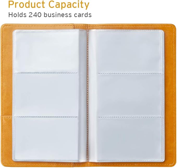 Sooez Leather Professional Business Card Book Holder Organizer, 240 Capacity Credit Card Booklet, PU Name Cards Holder Storage File for Men Women, Orange
