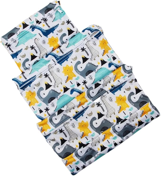 Asenappy 3pcs Cloth Diaper Wet Dry Bags Waterproof Reusable with Two Zippered Pockets Travel Beach Pool Daycare Soiled Baby Items Yoga Gym Bag for Swimsuits or Wet Clothes (dinosaur)