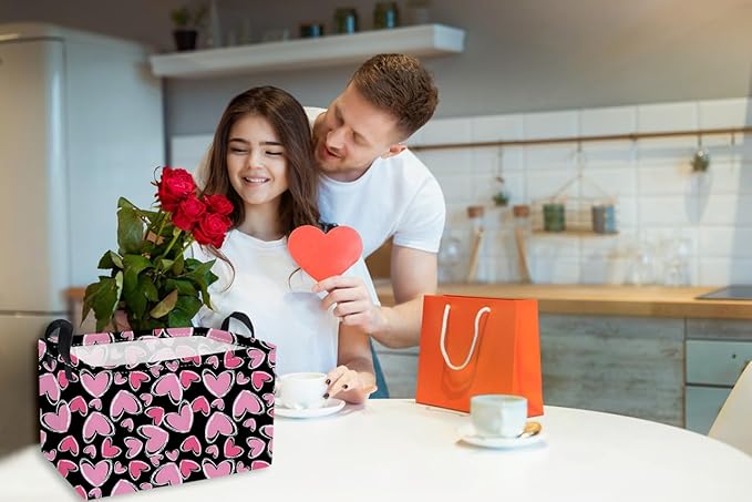 Essme Rectangular Valentine's Day Baskets Cute Storage Box,Heart Storage Bins Organizer with Handles for Kids Room Decor,Gift Basket,Shelf Basket,(Black line heart)