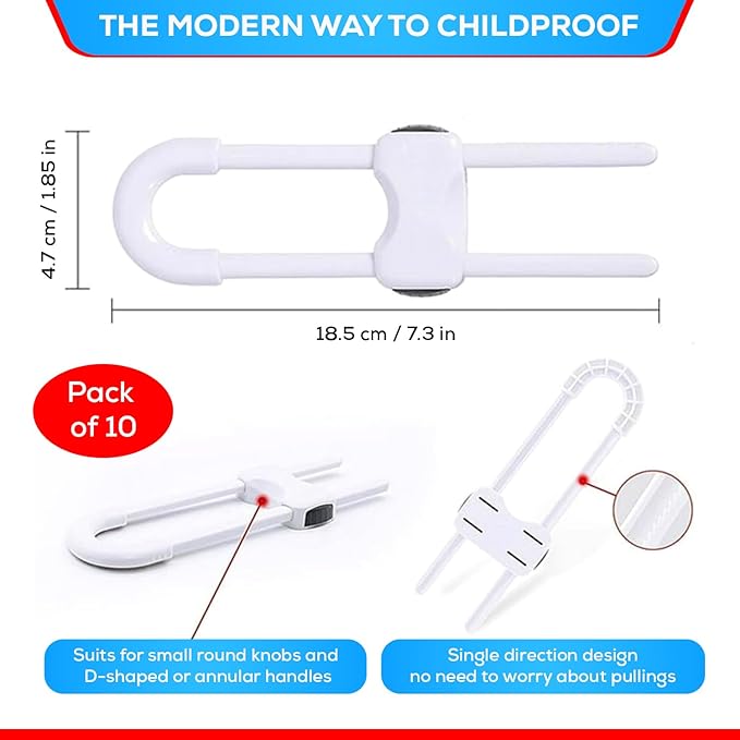 10 PACK Child Proof Cabinet Locks Set, Baby Proofing Adjustable U-Shaped Sliding Locks For Cabinets, Drawers, Closets, Cupboard Handles And Door Knobs. Easy to Use Perfect For Baby Safety (White)