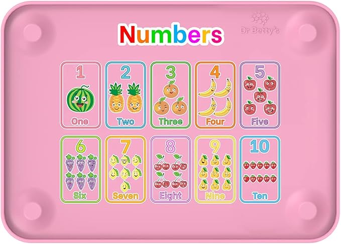 Dr. Betty’s - Educational Learning Silicone Placemat/Play Mat with Super Suction and Raised Edges for Babies + Toddlers + Kids | Non-Slip, Dishwasher Safe, Food Grade (Numbers, Pink)