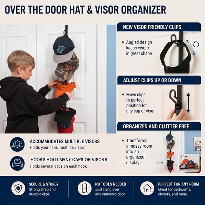 Perfect Curve Hat Organizer CapRack 2-Pack | Over-The-Door Hat Rack and Organizer | Baseball Cap Rack | Hat Rack for Door | 4 Straps | Holds 36 to 72 Adjustable Caps |Black
