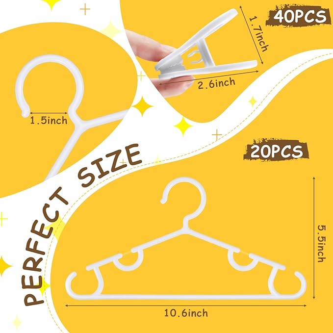 Hsei 5/10/40 Pack Baby Hangers with 10/20/80 Clips, Plastic Kids Pants Hangers for Nursery Closet Top and Bottom Clothes Hanger Set for Newborn Infant Toddler(60 Packs Total,White,10.6 Inch)
