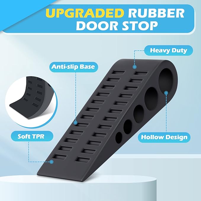 Rubber Door Stoppers for Bottom of Door - Door Stop Wedge with Holder for Home Office Stackable on Multi Floor Carpet Concrete Tile Linoleum & Wood Heavy Duty Doorstop No Sliding Drilling Black