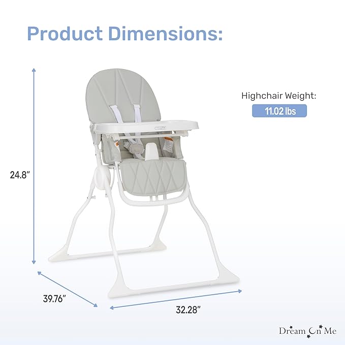 Dream On Me Snack and Stow Highchair | Adjustable Feeding Chair with Removable Tray, Lightweight, Foldable Design, Easy to Clean, Perfect for Toddlers & Infants