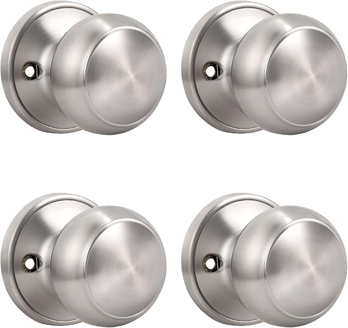 KNOBWELL 4 Pack Non-Turning Dummy Door Knobs Interior - Satin Nickel, Keyless Closet Door Knobs for French Doors，Single Side