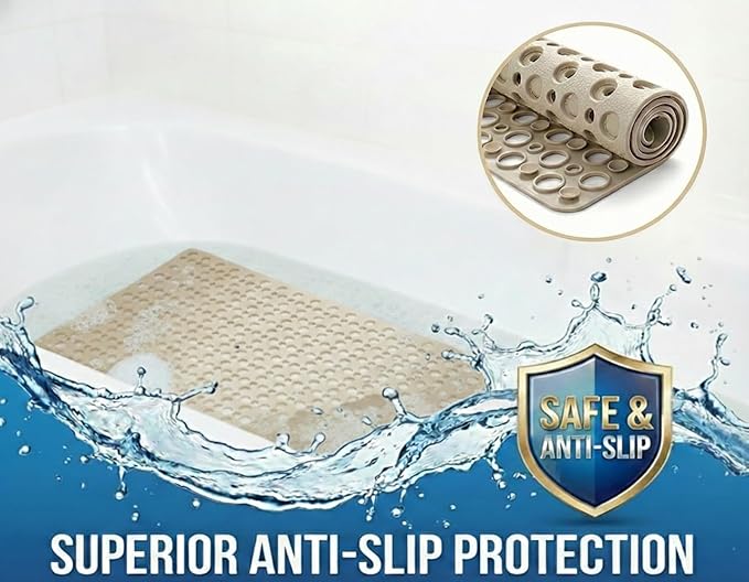 Nonslip Bathtub Mat Extra Soft TPE Bath Mat for Kids, Machine Washable Bathroom Shower Mat, Smooth/Non-Textured Tubs Only, 30L x 17W Inch (Light Brown)