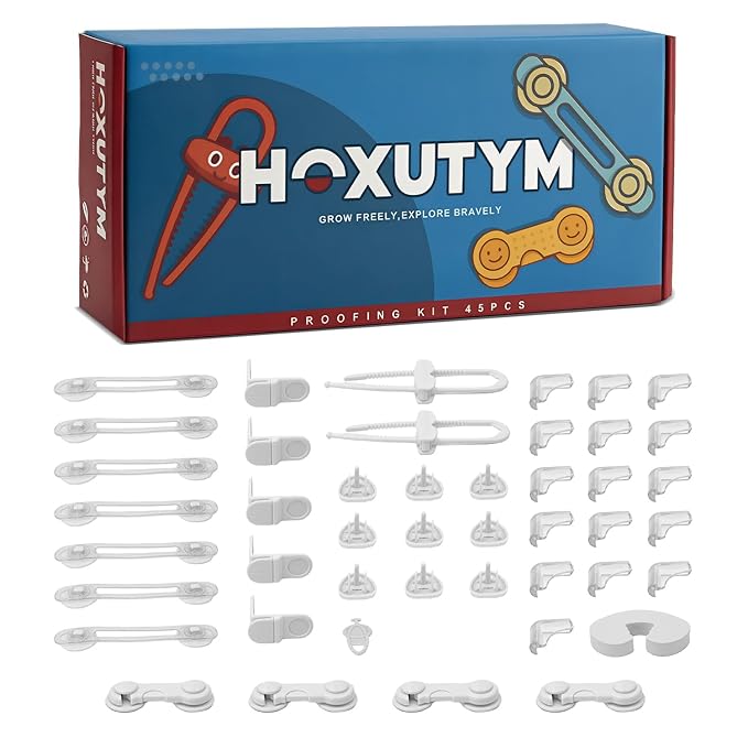 Hoxutym Baby Proofing Kit, 45 Pack Child Safety Pack – Cabinet & Drawer Locks, Corner Guards, Outlet Covers, Universal Safety Straps, Sliding Cabinet Locks, Door Stopper，Keep Your Child Safe at Home