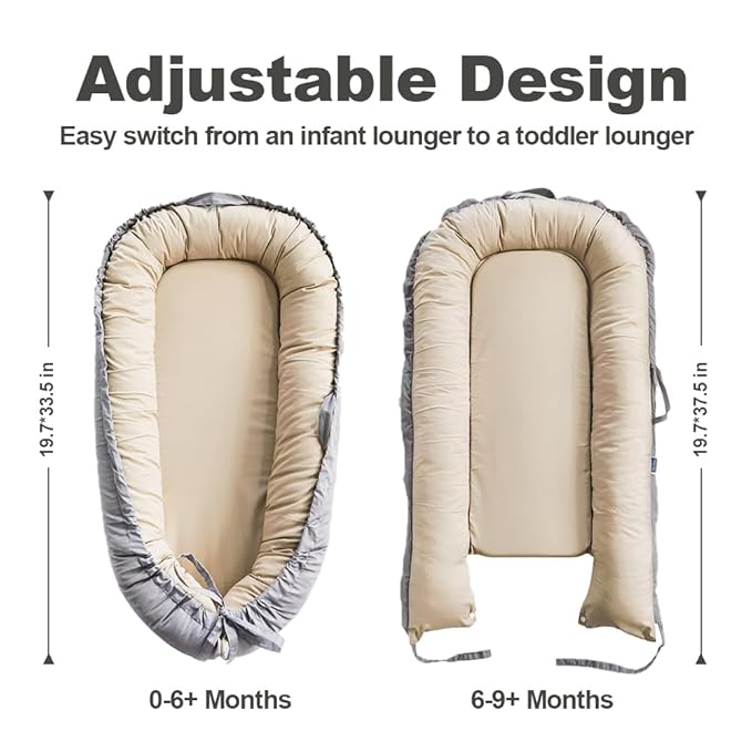 Baby Lounger, Baby Nest Cover for Baby, Reversible & Breathable Cotton, Adjustable Baby Floor Seat for Tummy Time, Portable Infant Lounger, Essentials for Newborns (Gray)