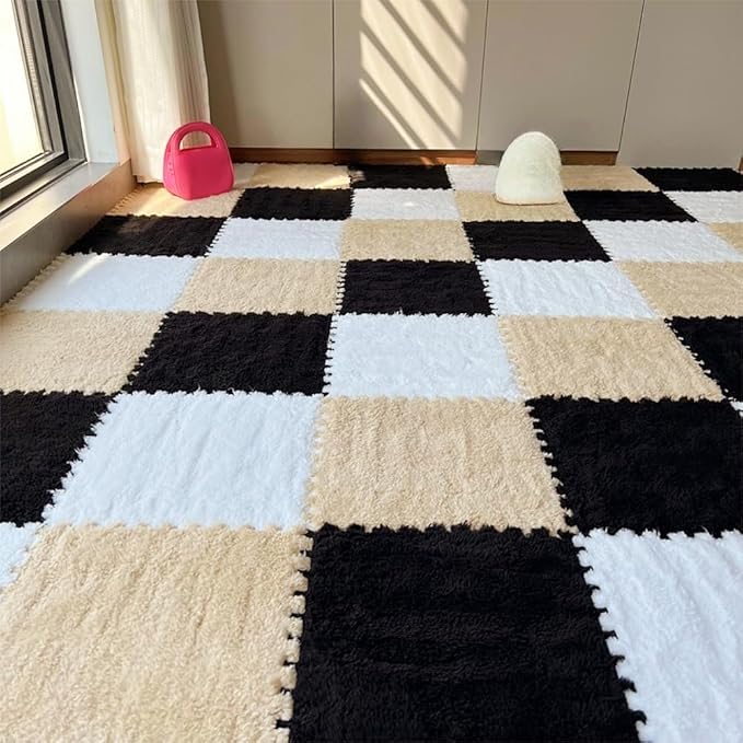 12pcs Carpet Squares Puzzle Floor Mat, Plush Interlocking Carpet Tiles, Anti Slip EVA Foam Jigsaw Floor Tiles, Build A Safe Area for Bedroom Playroom (White+Beige+Black)