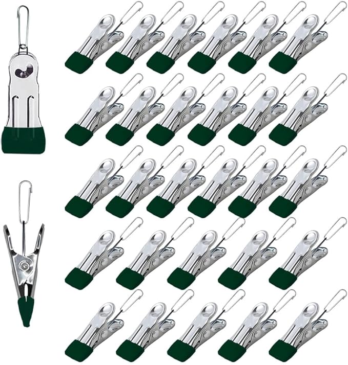 Multipurpose Heavy Duty Stainless Steel Clothespins, Clothes Pins for Laundry, Towel Drying Clips, Outdoor Clothespins for Socks, Towels, Snacks, Photo (30, Dark Green)