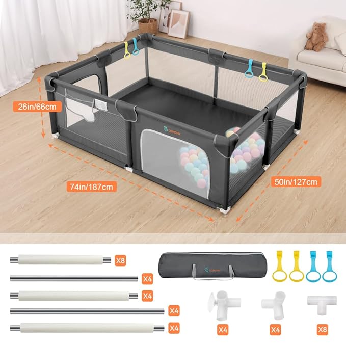 COMOMY Playpens for Babies and Toddlers, 74"x50" Playard Extra Large, Safe and Non-Slip Baby Fence, Full Mesh Design, Indoor & Outdoor Kids Activity Center, Play Pens (Dark Grey)