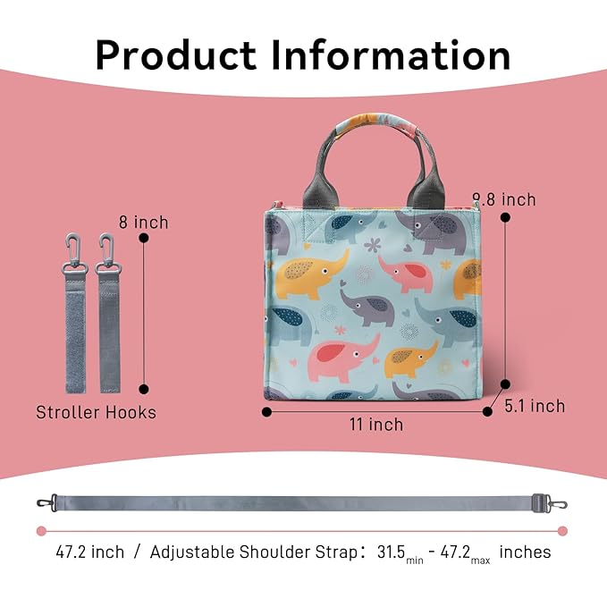 PHEBEN Small Diaper Bag Tote Waterproof Travel Mini Diaper Bag Multi-Function Baby Handbag Crossbody Purse(Blue Elephant)