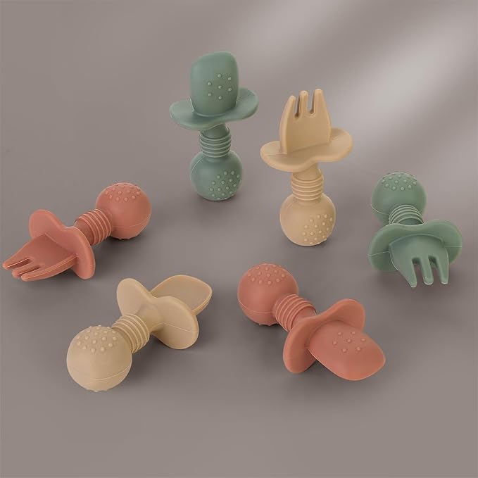 Eascrozn 6 Pack Baby Spoons and Forks Set, Silicone First Stage Self Feeding Infant Toddler Utensils, BPA Free, Baby Led Weaning Feeding Supplies for Baby Essentials