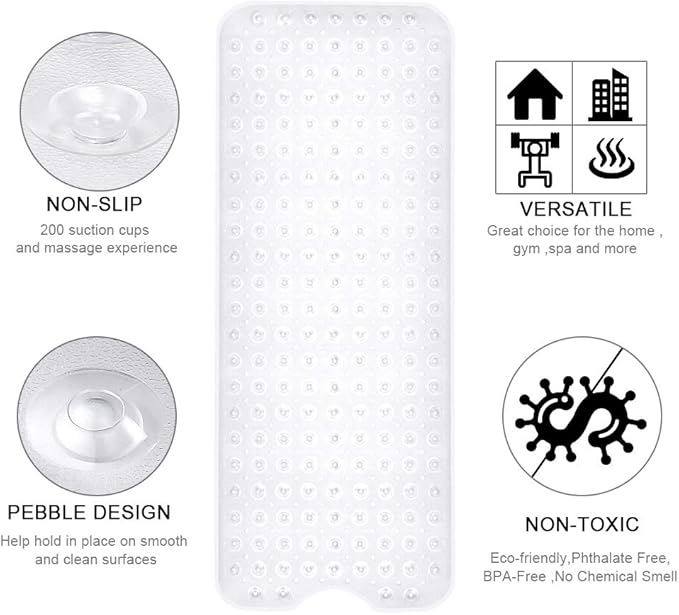 YINENN Bath and Shower Safety Mats 40x16 inch, Non Slip with Suction Cups for Bathroom Stall and Tub Floor, Extra Large and Machine Washable, Drain Holes Keep Bathtub Clean, Clear