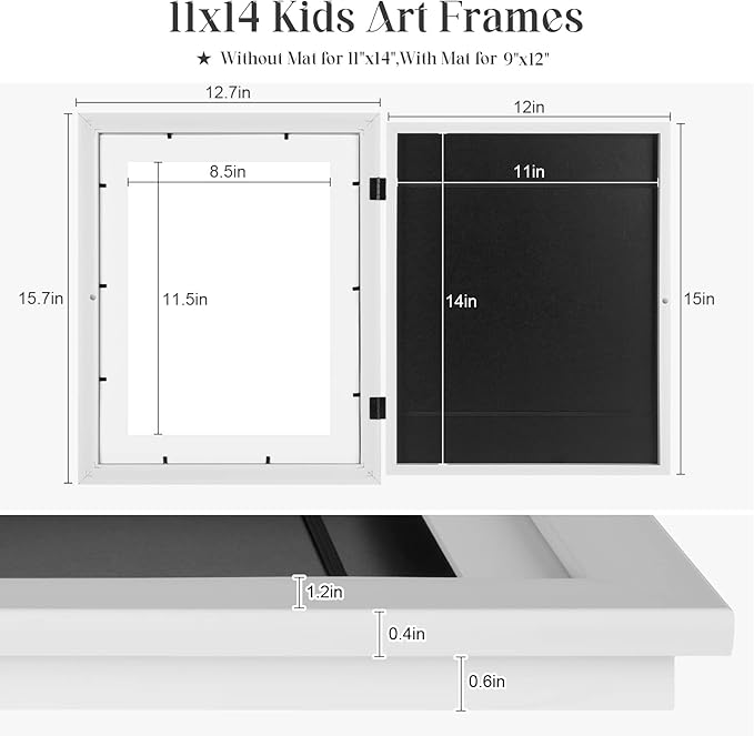 [2-Pack] Kids Art Frames, 11x14 Front Opening Kids Artwork Frames Changeable, White Artwork Display Storage Frame for Wall, Holds 50 Pcs, for 3D Picture, Crafts, Children Drawing, Hanging Art,