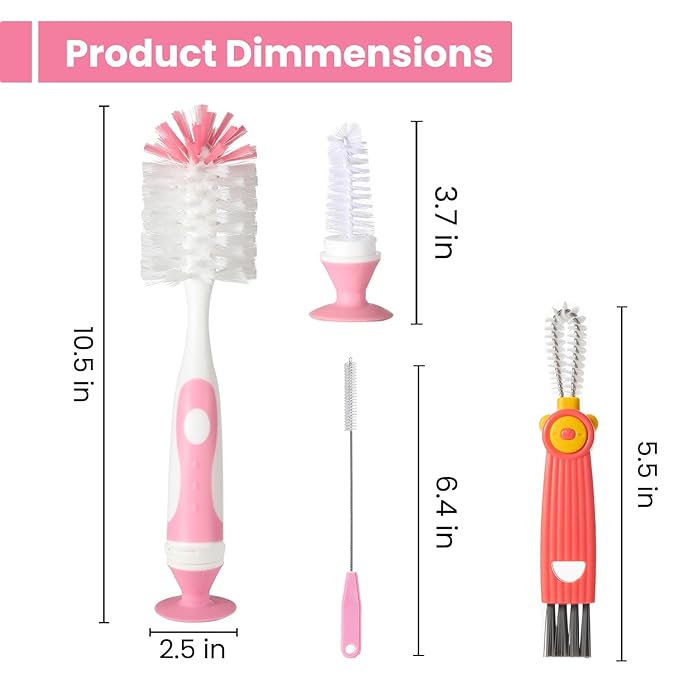 Ariseno 4-in-1 Baby Bottle Brush Set, Including Nylon Bottle Brush, Cap, Straw, Nipple Brushes, BPA-Free (Pink)