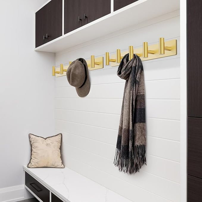 Coat Rack Wall Mount - 5 Hat and Coat Hooks, Heavy Duty Towel Racks for Bathroom Entryway, Wall Hooks for Hanging Robes Bags, Hat Rack Key Hanger Organizer (Gold)