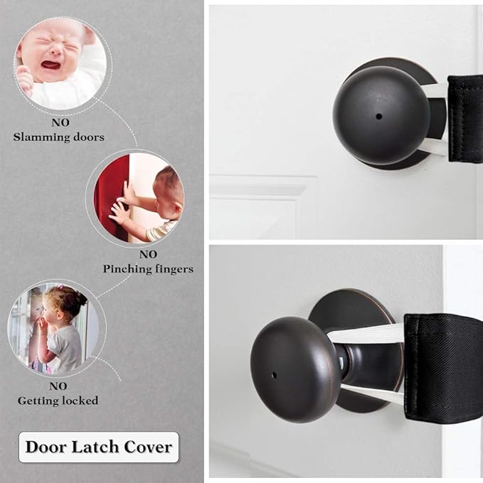 PONY DANCE Baby Door Latch Cover Closer - Nursery Door Silencer with Strong Elastic Straps, Thick Solid Cushion for Noise Reduction, Prevents Slamming, 3 Pieces, 4W x 2L Inches, Black