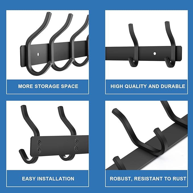 HAMUTH Wall Hooks Heavy Duty, 17 Inch Coat Rack Wall Mount with 6 Hooks, Black Wall Hooks for Entryway, Bathroom - for Hanging Backpack, Bag, Coat, Purse, Hat, Towel, Clothes,2 Packs