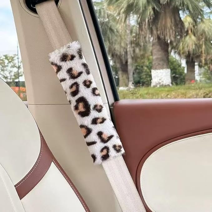 2 Pack Seat Belt Cover Pad, Cute Plush Leopard Print Seatbelt Covers Seatbelt Shoulder for More Comfortable Driving, Plush Fluffy Soft Seat Belt Cover, Car Interior Accessories, White