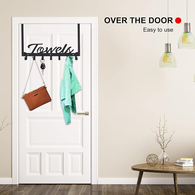 Azmoncy Over The Door Hooks - Heavy Duty Towel Rack with 7 Coat Hooks for Bedroom Bathroom Pool Kitchen