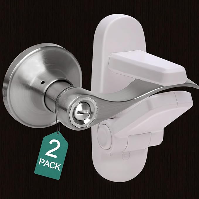 Childproof Door Lever Lock(2 Pack) Door Locks for Kids Safety,Preventing Babies From Opening Doors,Child Proof Door Lock with 3M Adhesive,Easy Install & Remove,Durable ABS,White