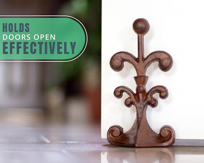 Comfify Fleur De Lis Cast Iron Door Stop – One Decorative Wedge with Felt Bottom – Antique Rust Brown – 4" x 3.5" x 7.75"