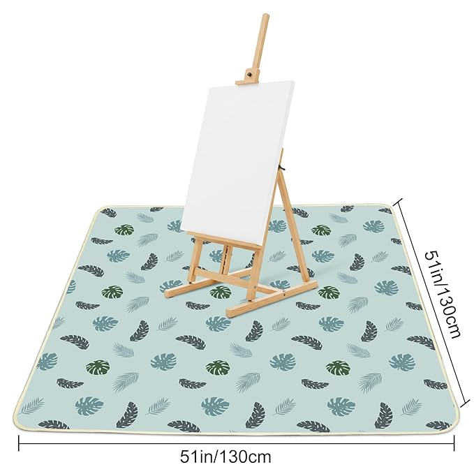 Basumee Splat Mat High Chair Mat Waterproof Baby Play Splat Mat for Under High Chair Food Catcher Highchair Mat for Floor Non Slip Bottom, Blue Leaves, 51x51 Inches