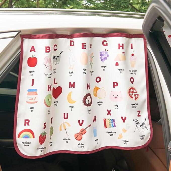 BEBEDECO Magnetic Car Sun Shade Curtain for Side Window – Sun Blocker and UV Protector for Baby, Kids, and Pets – Universal Fit with Built-in Magnets for Steel-Framed Door (Magnet-New Alphabet)