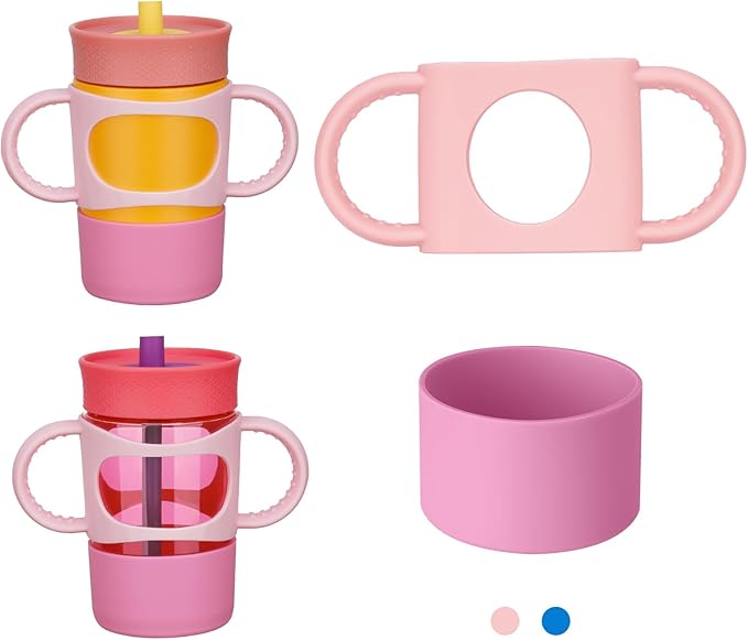 NiHome Silicone Double Handle & Boot for Owala Kids’ Tumbler 12oz 15oz, Easy to Install for Toddlers to Grip & Train, Shock-Absorbing Bottom Sleeve Drop Protection, Soft and Safe for Daily Use (Pink)
